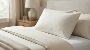 A supportive memory foam king size pillow for back sleepers resting neatly on a made-up double bed in a modern flat.