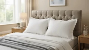 A matching king size pillow for back sleepers shown as a luxury pack of 2 arranged symmetrically on a master bed.