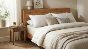 Plump king size pillows arranged neatly against the headboard of a large bed in a bright bedroom