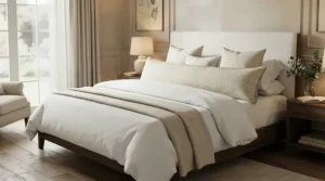 Hotel-inspired bedroom styling featuring extra long pillows spanning the width of a king-size bed.