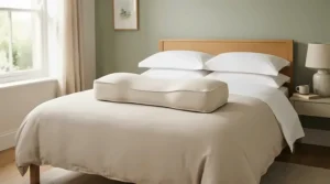 Close-up of memory foam extra long pillows providing ergonomic neck support on a modern bed.