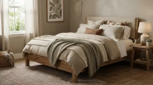 Neutral tone oxford pillowcases complementing earth-coloured bedroom interiors and throws.