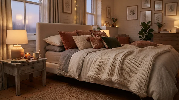 An oxford pillow for decorative bedding styled with textured woolen throws for an autumn bedroom refresh