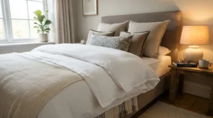 An oxford pillow for decorative bedding on a freshly turned-down bed ready for a restful night