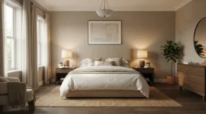 Multiple oxford pillows for decorative bedding arranged symmetrically on a king-size bed in a modern flat