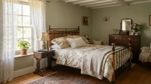 An oxford pillow for decorative bedding placed on a heritage-style floral duvet in a country house bedroom