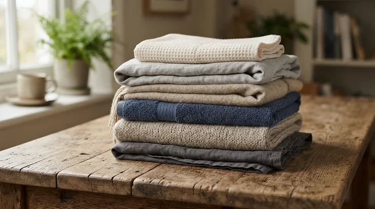 A neat stack of fresh oxford pillowcases in a convenient pack of two placed on a wooden bench.