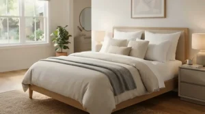 Crisp white oxford pillowcases arranged neatly on a freshly made double bed with a neutral duvet cover.